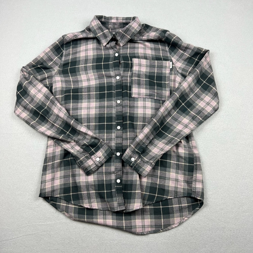 Abercrombie Kids Girls 15/16 Pink Gray Plaid Button Up Flannel Shirt Long Sleeve